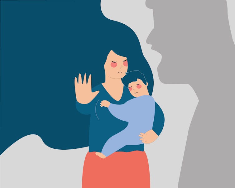 Ilustration d’une mère protège son enfant de l’ombre d’une main qui les menace.