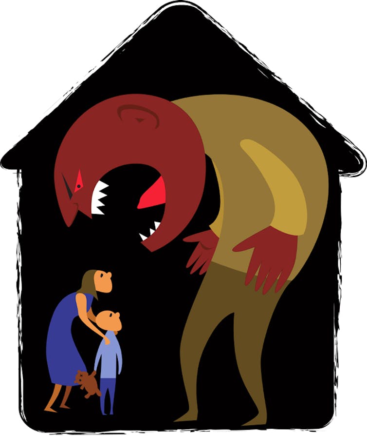 Illustration -- monstre mâle hurlant sur une femme et un enfant.