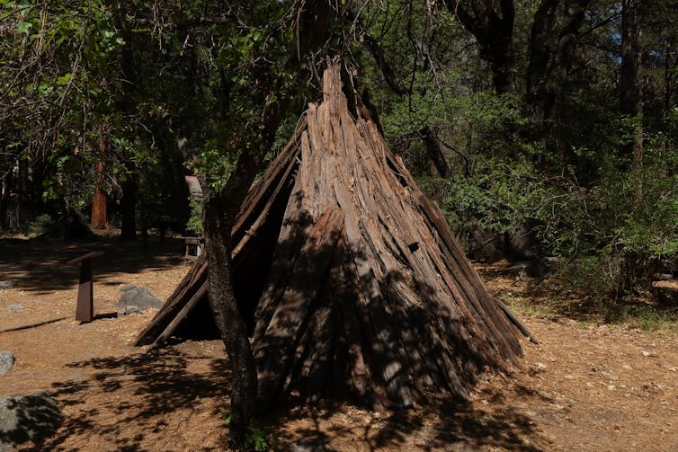 A little lean-to structure constructed out of sticks beings in front of a glade of trees.