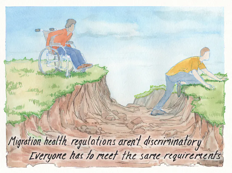 illustration shows one person climbing out of a ditch while another person in a wheelchair can't cross it