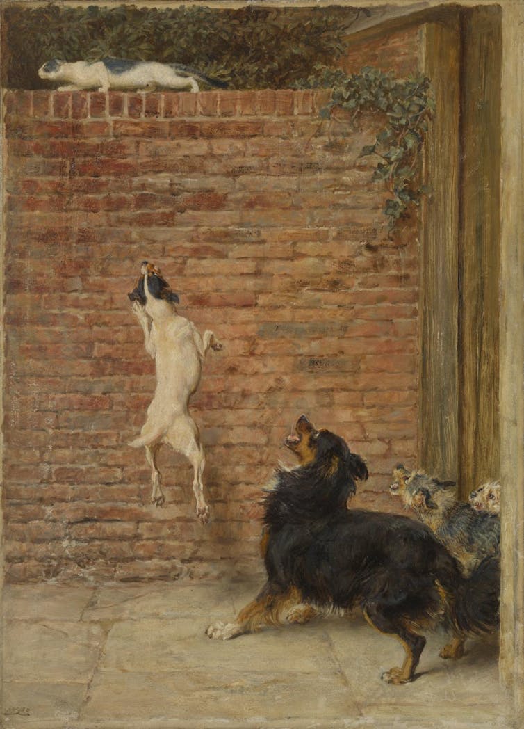 A historic painting of two dogs chasing a cat.