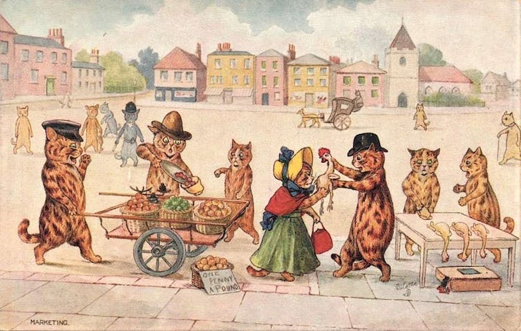 A vintage illustration of anthropomorphic cats.