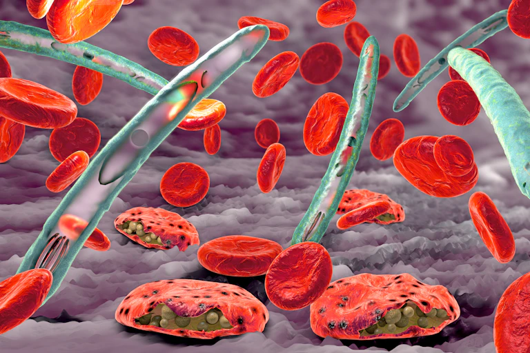 Une illustration montre des globules rouges et des formes du parasite responsable du paludisme