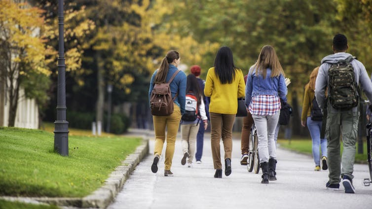 view from behind of students walking on campus in fall