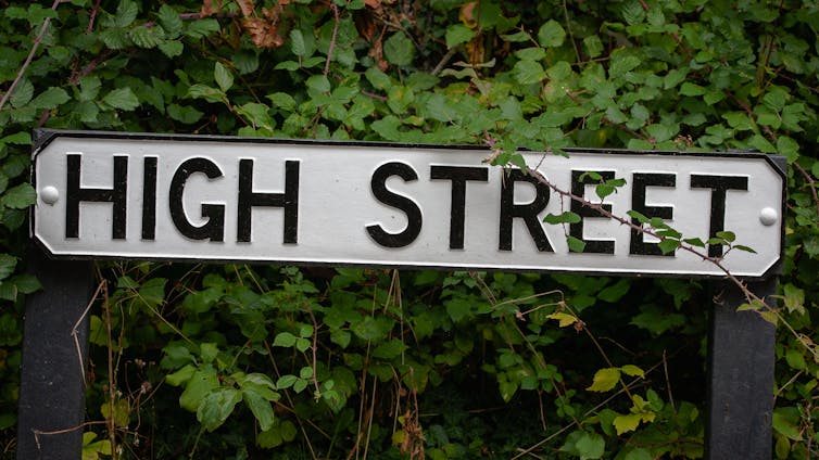 High street sign with greenery behind it.