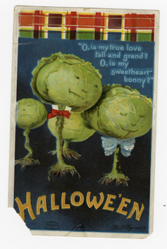 cabbages wearing bow ties on a halloween postcard