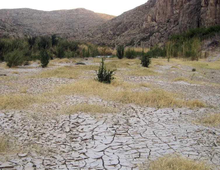 Dry, cracked mud with mountains in the background