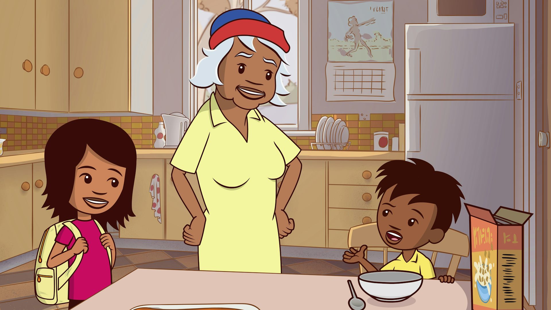 A still from the carton Little J and Big Cuz showing the title characters and their Nanna in the kitchen.