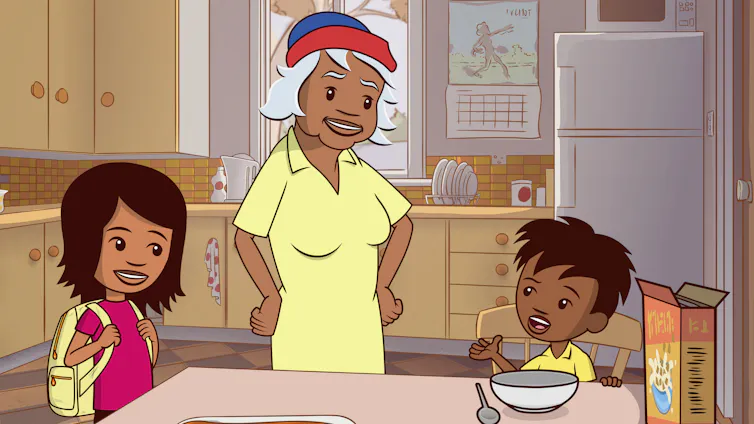 A still from the carton Little J and Big Cuz showing the title characters and their Nanna in the kitchen.