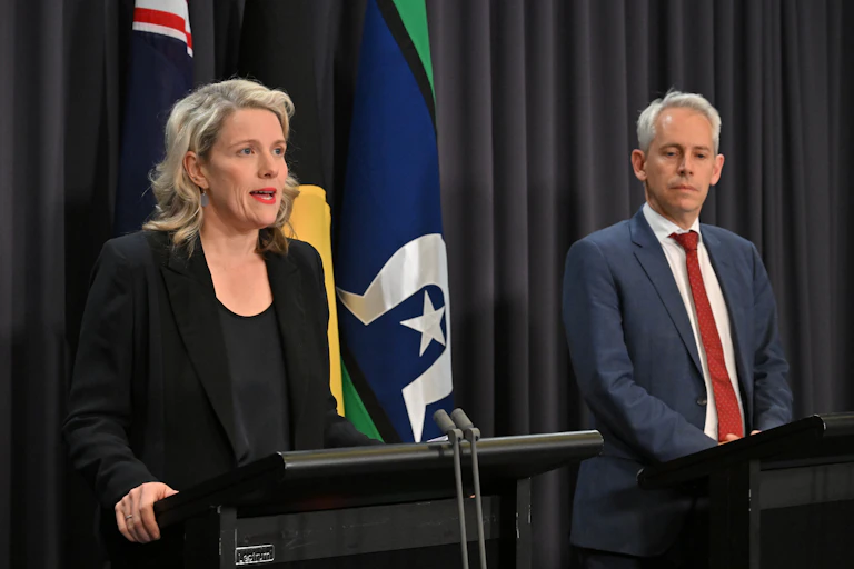 A woman and a man stand at lecterns in front of flags