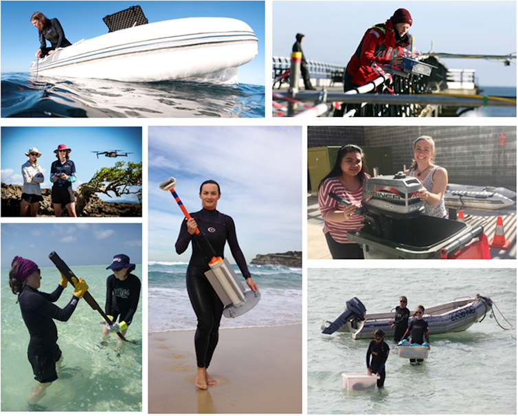 A collage of photos showing female fieldworkers operating equipment, carrying gear and fixing engines