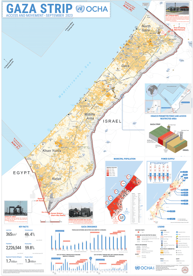 UN map of the Gaza Strip with associated statistics.