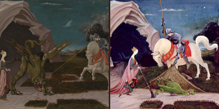 A la derecha, una pintura en la que un hombre a caballo mata a un dragón ante la mirada de una mujer. A la derecha, en el mismo lienzo, el hombre y la mujer intentan esconder el cadáver del dragón debajo de una alfombra.