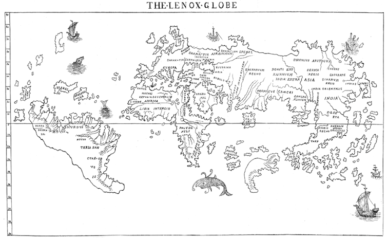 En un mapa creado a partir del globo de Hunt-Lenox, por B. F. De Costa, se puede leer 'HC SVNT DRACONES' en la península de Indochina.