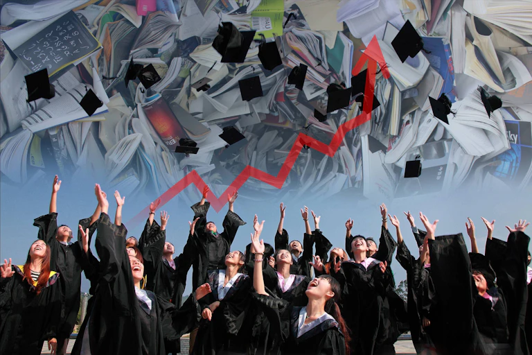 University students in graduation gowns with books and a red upward arrow in the background