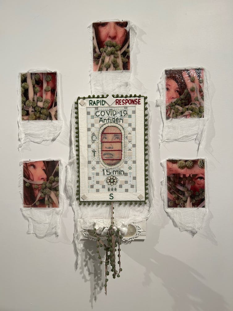 Photo of a woman surrounded by collages.