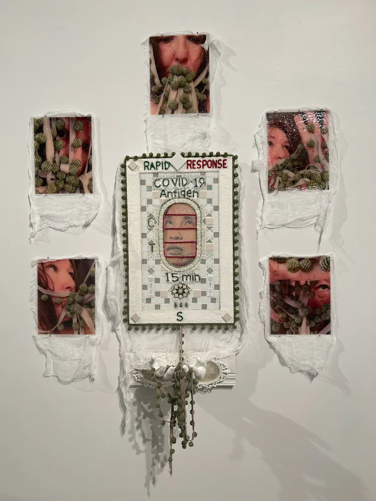Photograph of woman surrounded by collage images.