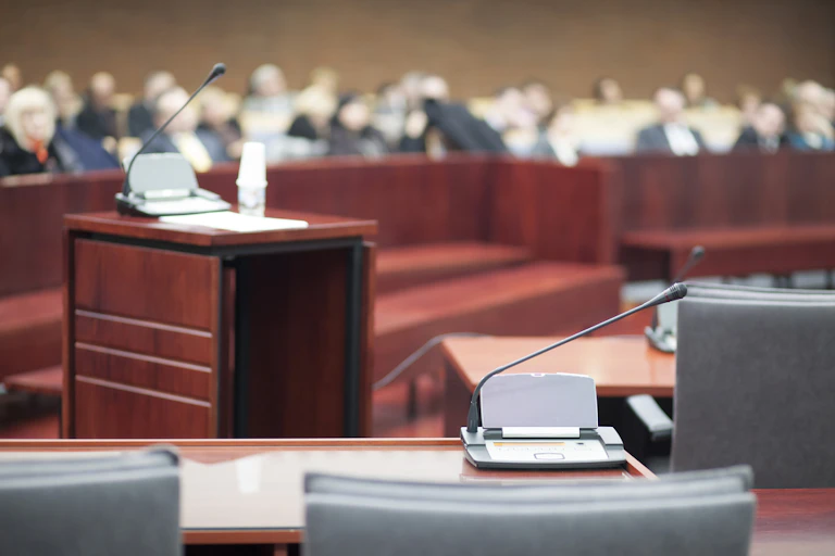 The view of a courtroom from the witness stand
