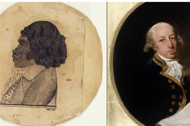 A painting depicting Bennelong on left and Governor Phillip on right.