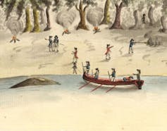 A painting showing Aboriginal people spearing Governor Phillip.