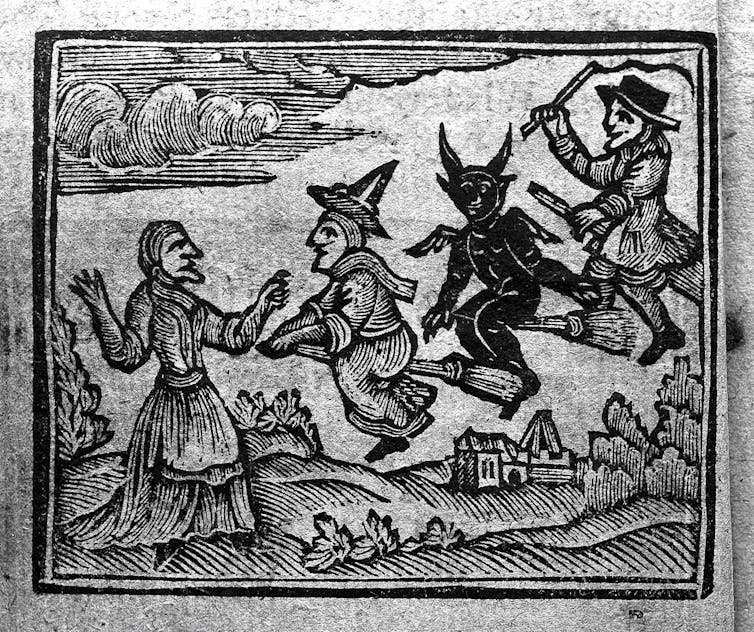 A woodcut of witches on broomsticks cavorting with the Devil.