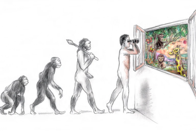 Succession de deux primates non-humains, d'un humain préhistorique et d'un humain moderne, ce dernier observant le reste de la faune aux jumelles