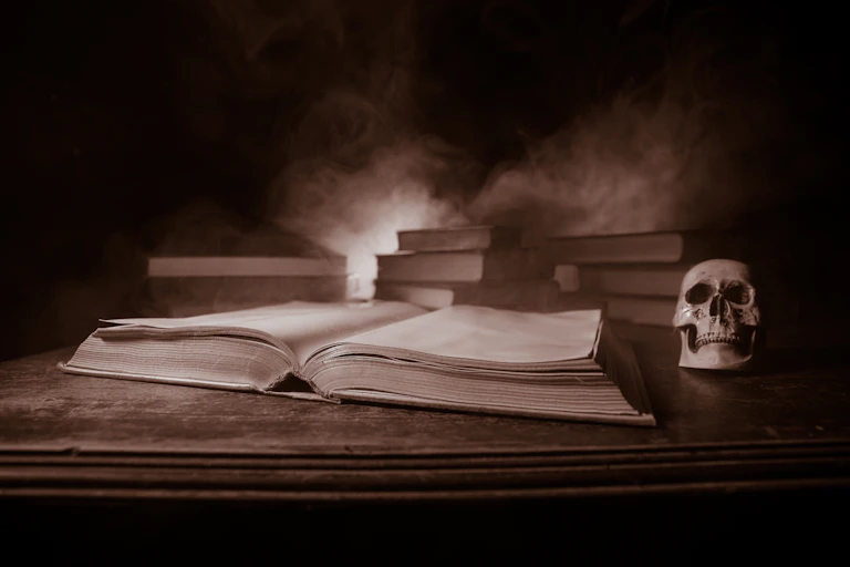 A sepia photograph of an open book with a skull next to it.