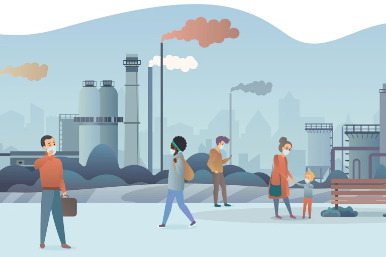 Personnes marchant dans un paysage urbain proche de la pollution d'une usine