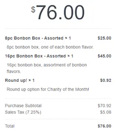 An itemized receipt for bon bons that the customer rounded up to give a small sum to a charity.