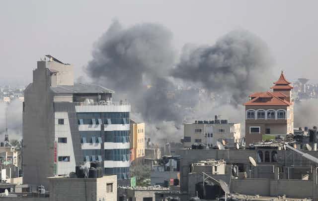 Gaza skyline showing damage from Israeli airstrikes 25 October 2023.