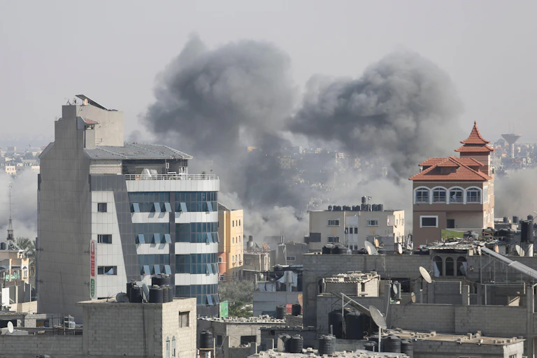 Gaza skyline showing damage from Israeli airstrikes 25 October 2023.