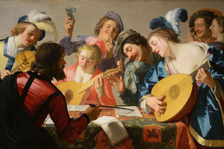 Pintura de un grupo de mujeres y hombres que tocan instrumentos alrededor de una mesa mientras un director les marca las partituras.