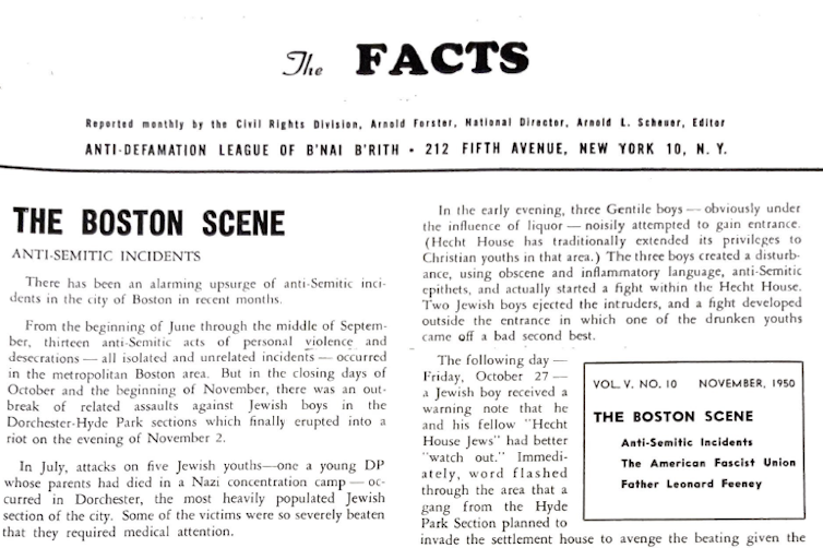 An image of a newsletter shows the details of antisemitic incidents in Boston.