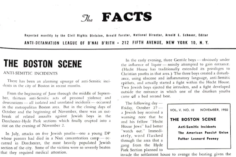 An image of a newsletter shows the details of antisemitic incidents in Boston.