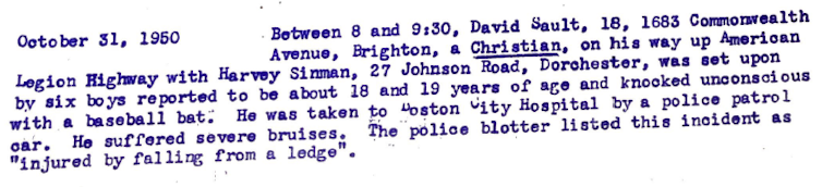 An image of a Boston police record detailing the beating of a man who had Jewish friends.