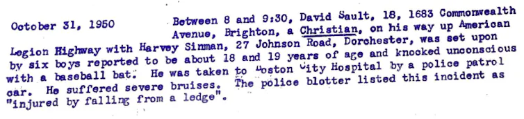 An image of a Boston police record detailing the beating of a man who had Jewish friends.