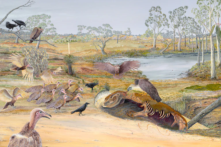 Illustration showing prehistoric birds gathered near a watering hole, with some eating a dead animal.