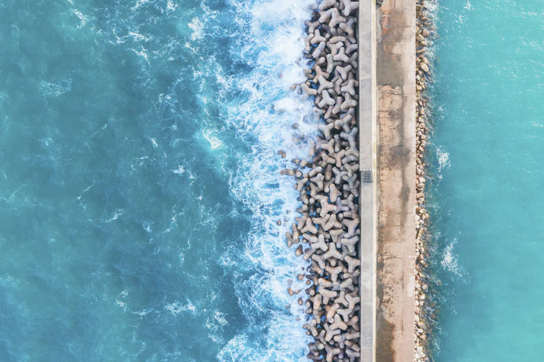 An aerial image fo a sea wall