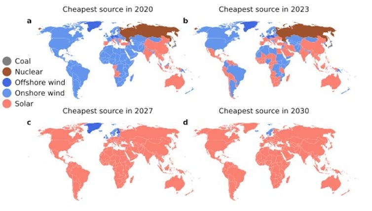 Four maps showing how solar energy will become the cheapest way of generating electricity by 2030.