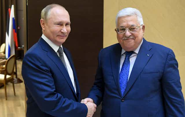 Vladimir Putin with the leader of the Palestinian Authority, Mahmoud Abbas in 2021.