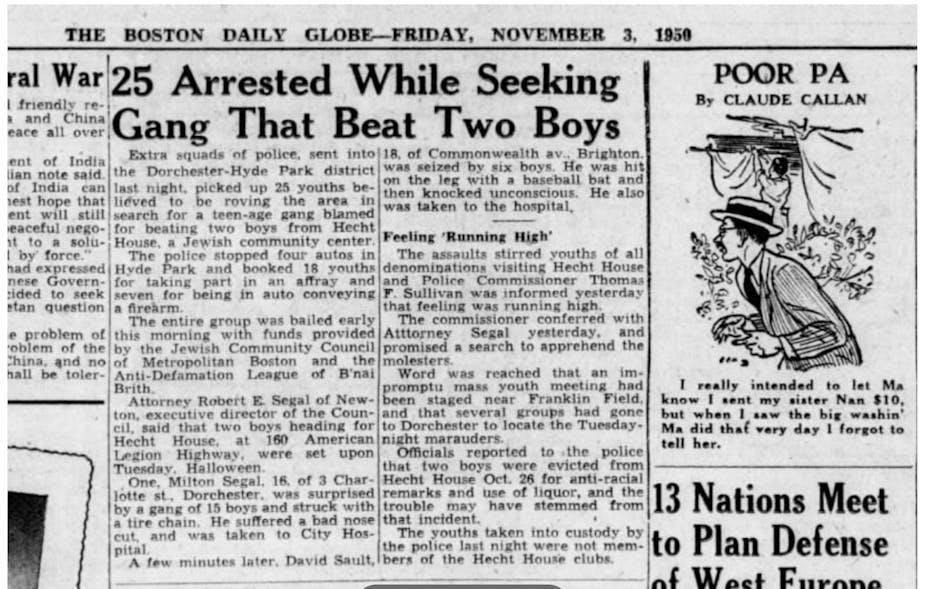 An image of a  newspaper article that has a headline that reads '25 arrested while seeking gang that beat two boys.'