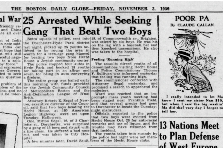 An image of a newspaper article that has a headline that reads '25 arrested while seeking gang that beat two boys.'
