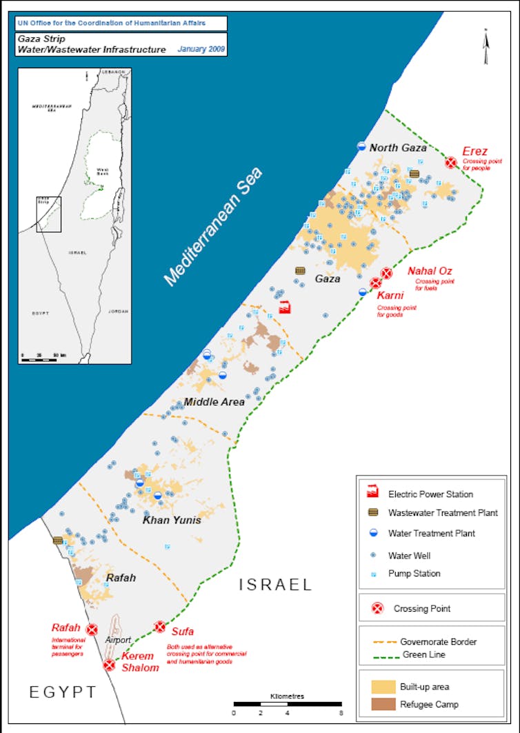 Map of Gaza showing population centers and water treatment plants.