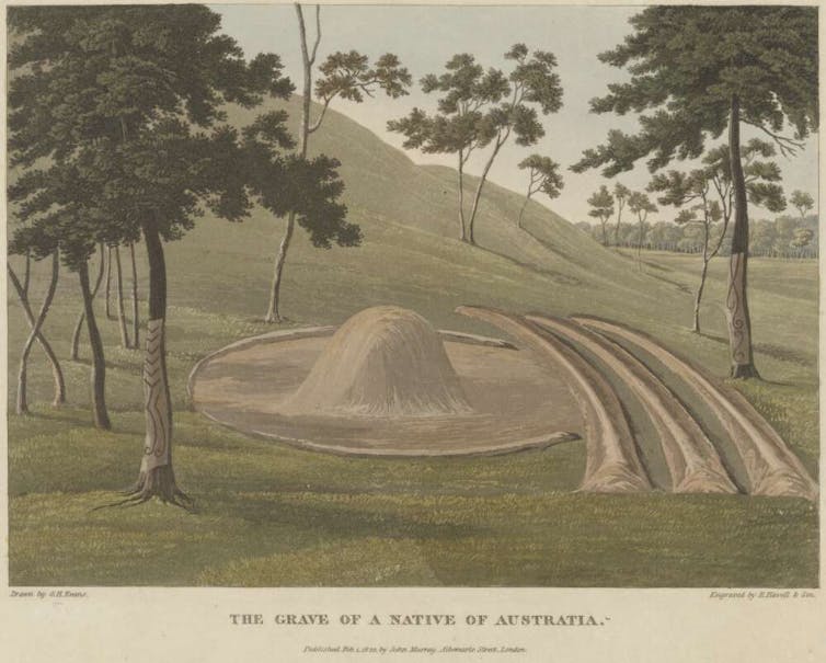 An illustration of an earth mound and ridges among trees.