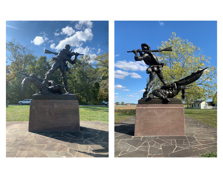 Two side-by-side photos of a statue on a pedestal, showing one man swinging a rifle as he steps over the other one.