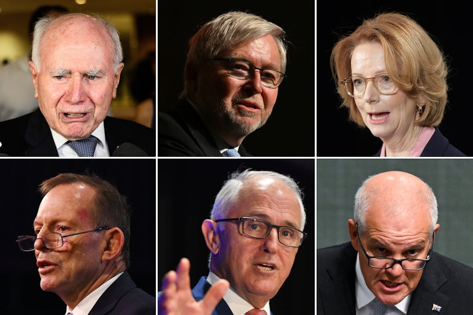 6 images of former prime ministers: John howard, Kevin Rudd, Julia Gillard, Tony Abbott, Malcolm Turnbull, Scott Morrison