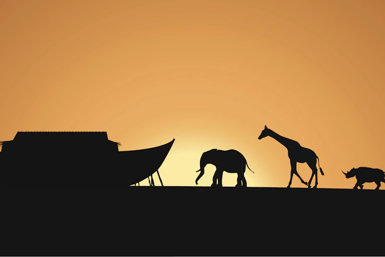 Noah's Ark silhouette with animals walking toward it. Includes an elephant, giraffe, rhino and tiger.