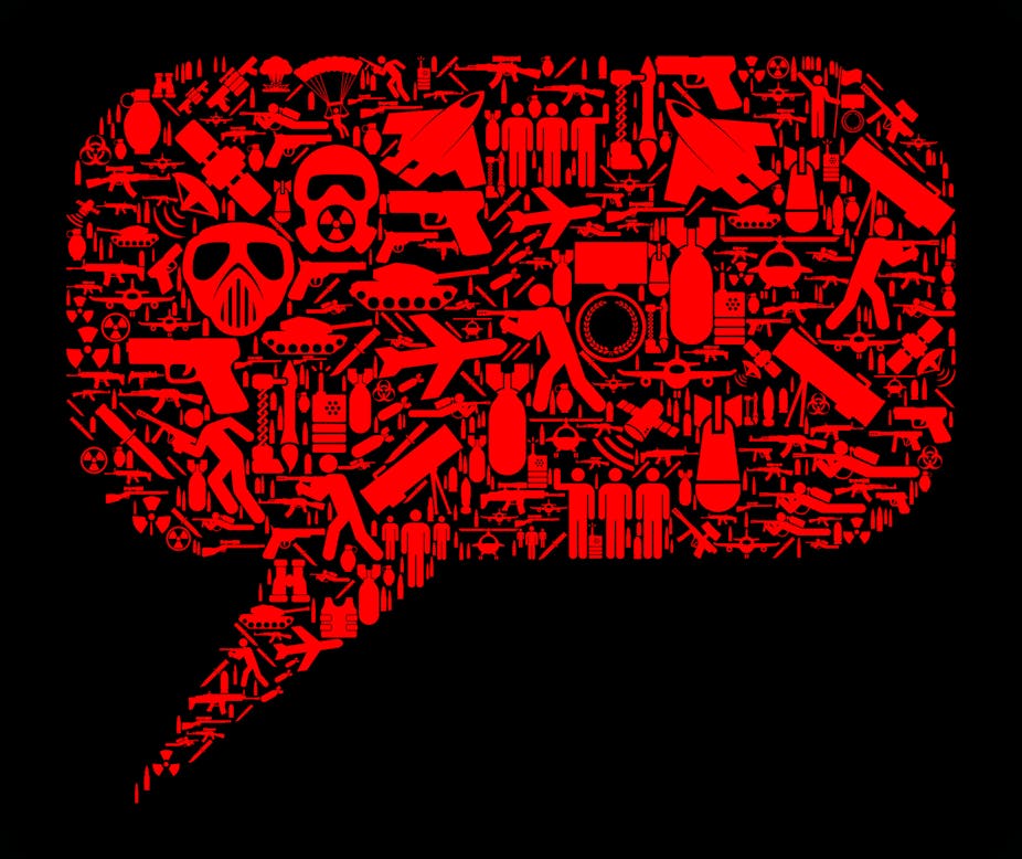 An illustration of a red and black speech bubble made up of war-related images like gas masks and missiles against a black background