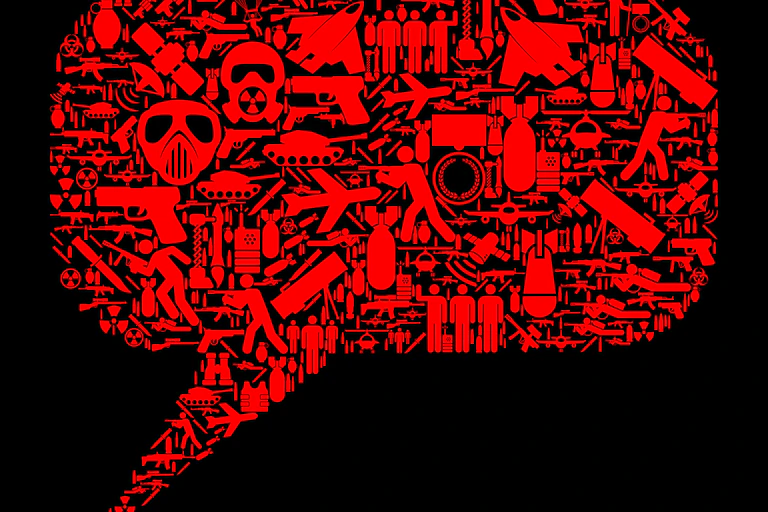 An illustration of a red and black speech bubble made up of war-related images like gas masks and missiles against a black background