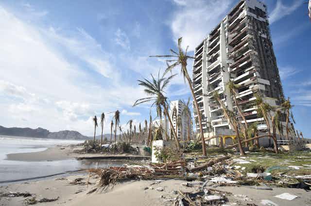 Beach with palm trees and damaged building